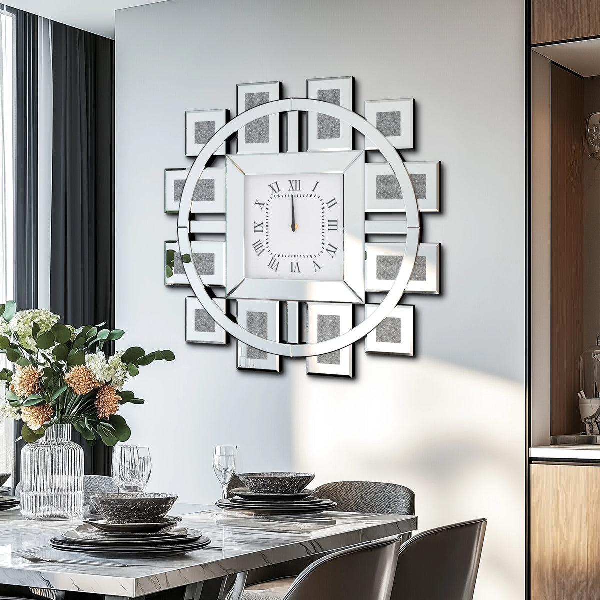 Round Wall Clock With Crushed Diamond Decor Beveled Mirror Frame