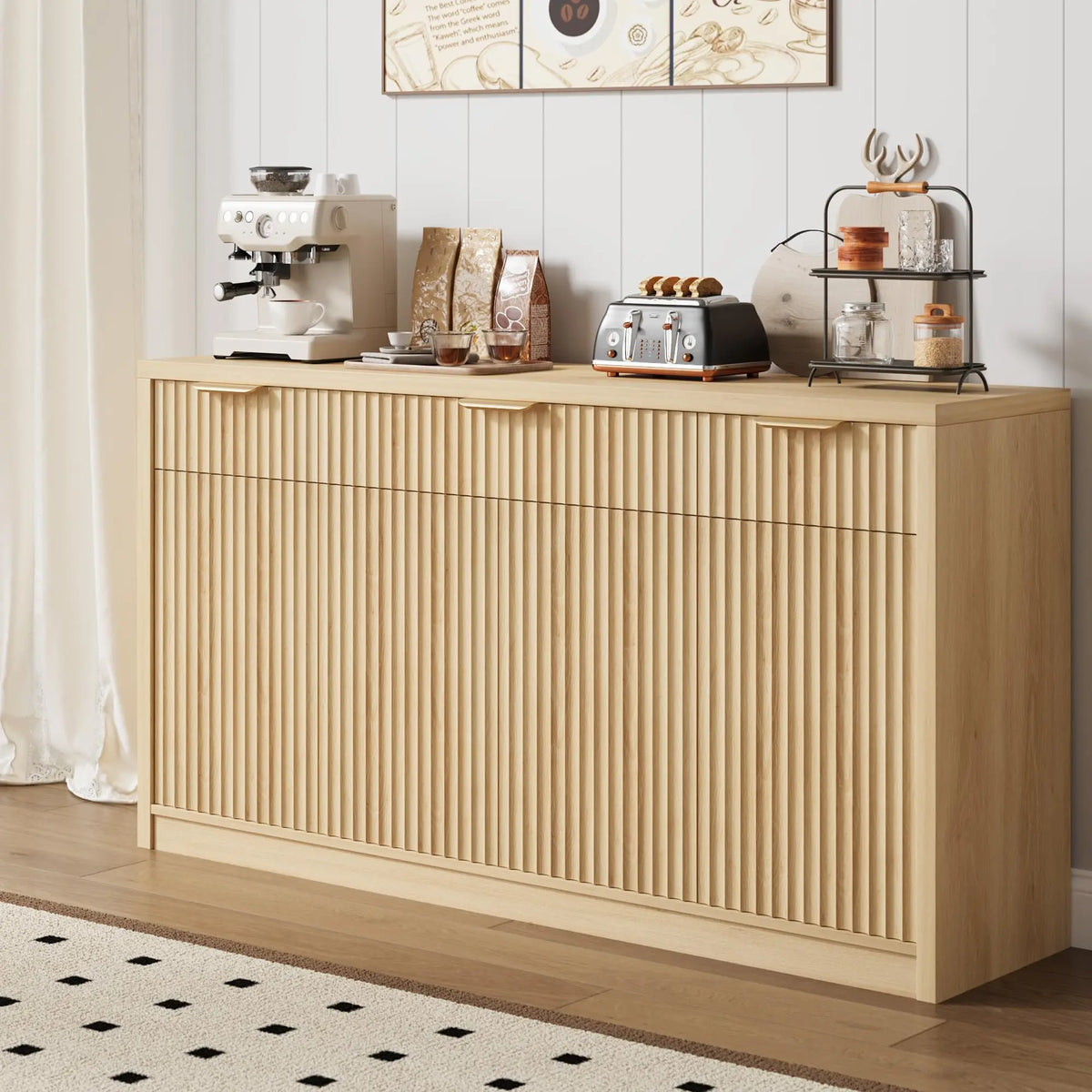 HiMISS Fluted Sideboard Cabinet With Drawers And Adjustable Shelves