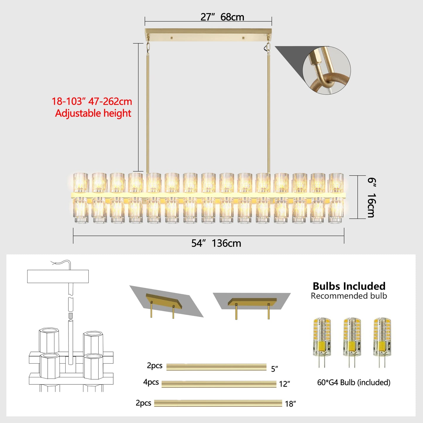 Zhikea Modern Crystal Chandelier Pendant Ceiling Light