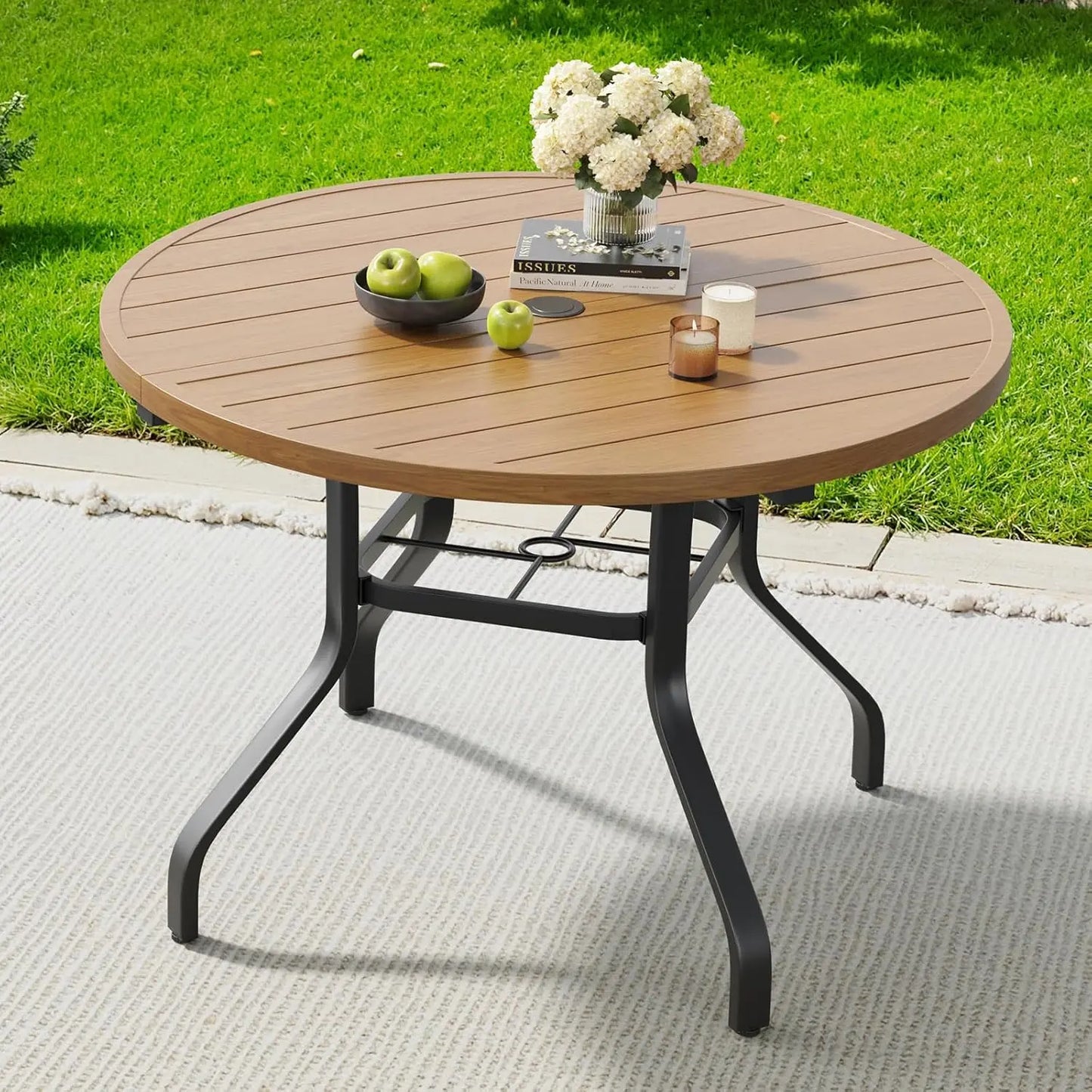 Farini Metal Round Outdoor Patio Dining Table With Umbrella Hole