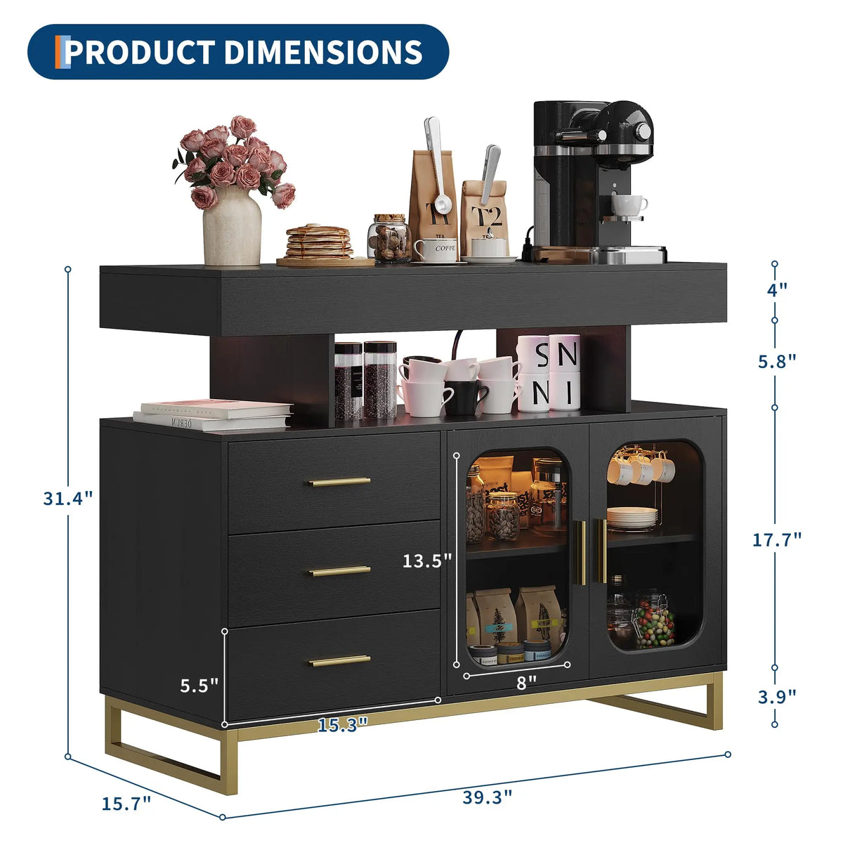 HiMISS Modern Sideboard Buffet Cabinet With LED Lights And Storage