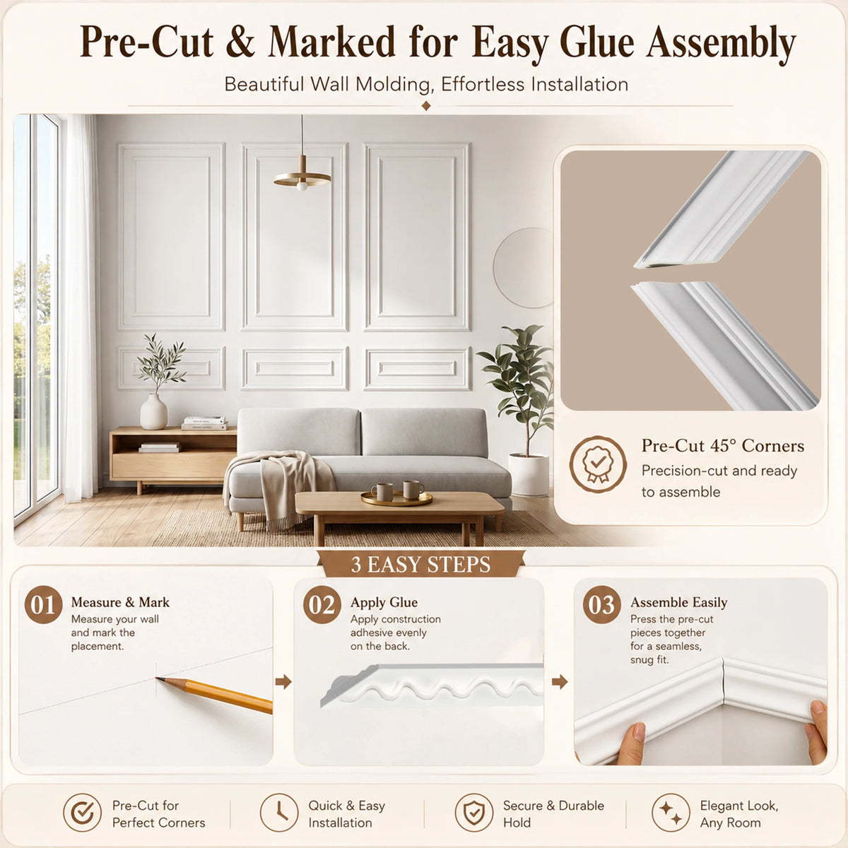Peel And Stick Pre Cut Wainscoting Wall Molding Kit