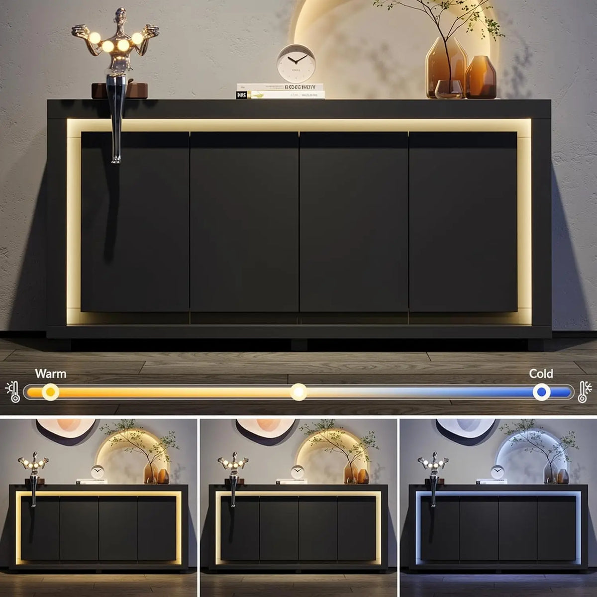 ONBRILL Modern Storage Cabinet With Power Outlets And LED Light