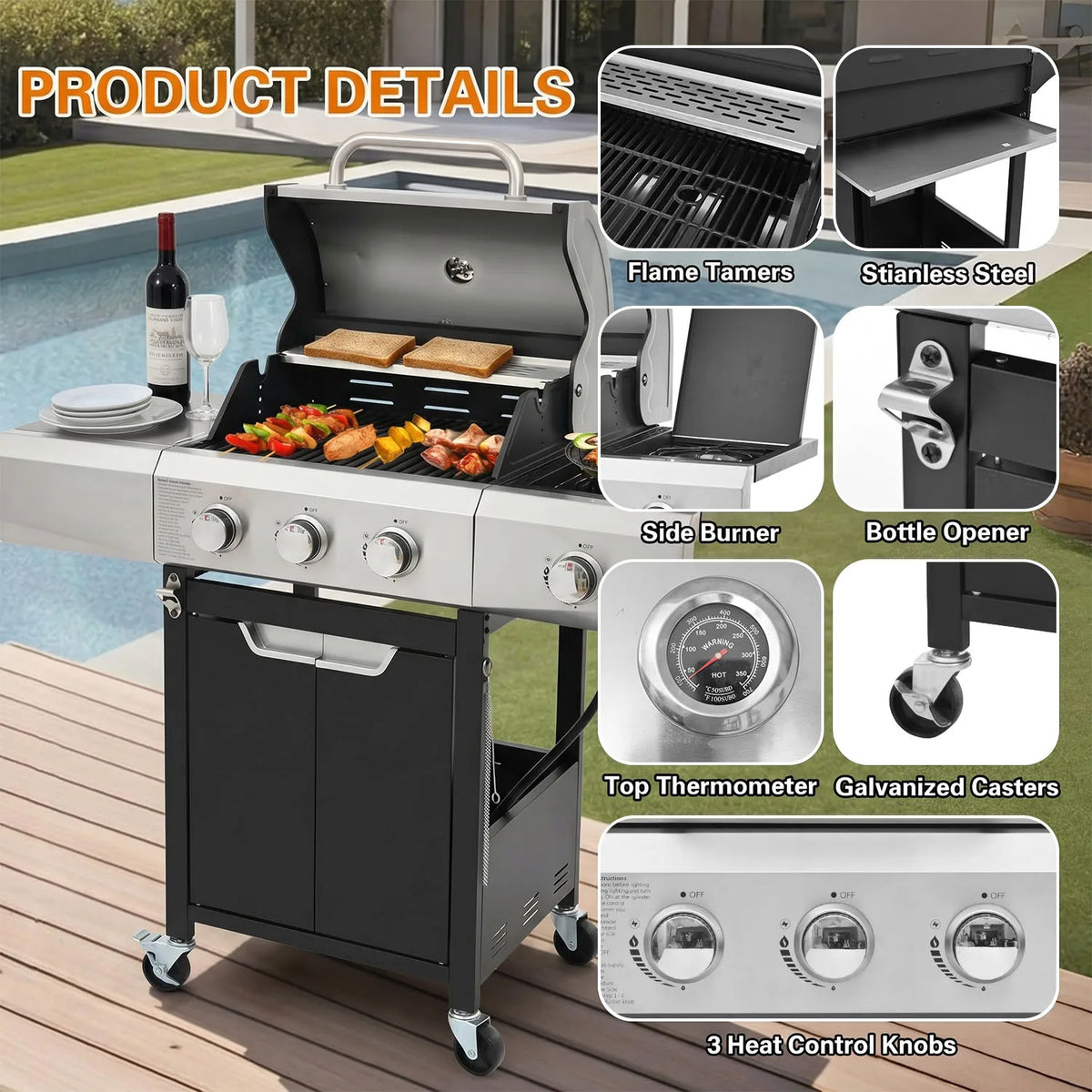 Three Burner Propane Gas Grill With Stainless Steel Side Burner And Wheels
