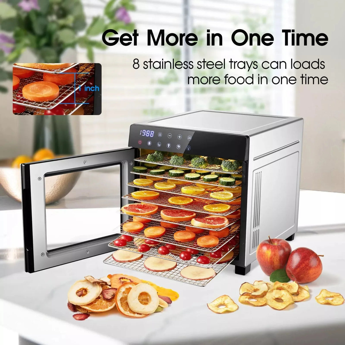 8-Tray Stainless Steel,600W with 4 Presets & Digital Timer for Jerky, Fruit, Herbs - Dishwasher Safe, BPA Free Food Dehydrator