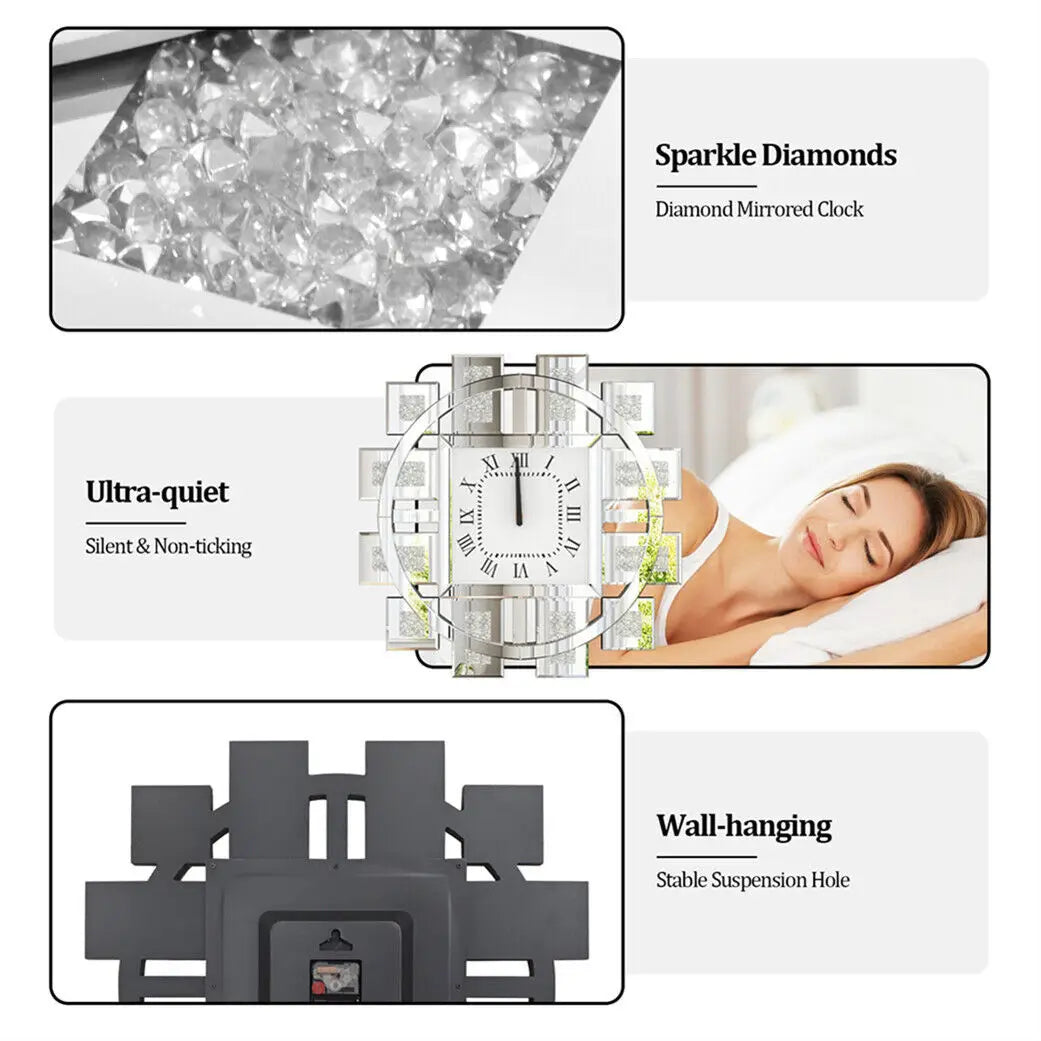 Round Wall Clock With Crushed Diamond Decor Beveled Mirror Frame