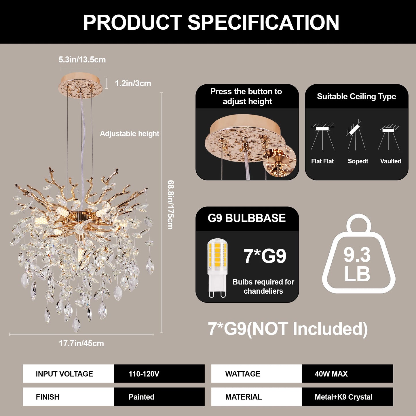 ARLGSITE Dimmable 7 Light Aluminum Modern Chandelier Pendant