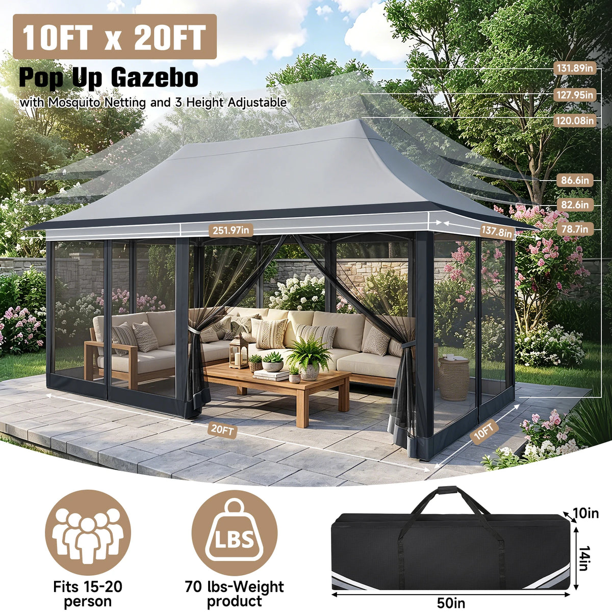 Tooluck Outdoor Pop Up Canopy Gazebo With Screened Netting Shelter