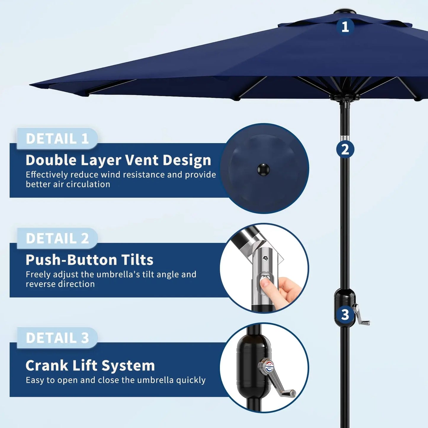 Metal Patio Umbrella Featuring Crank Lift and Push Button Tilt