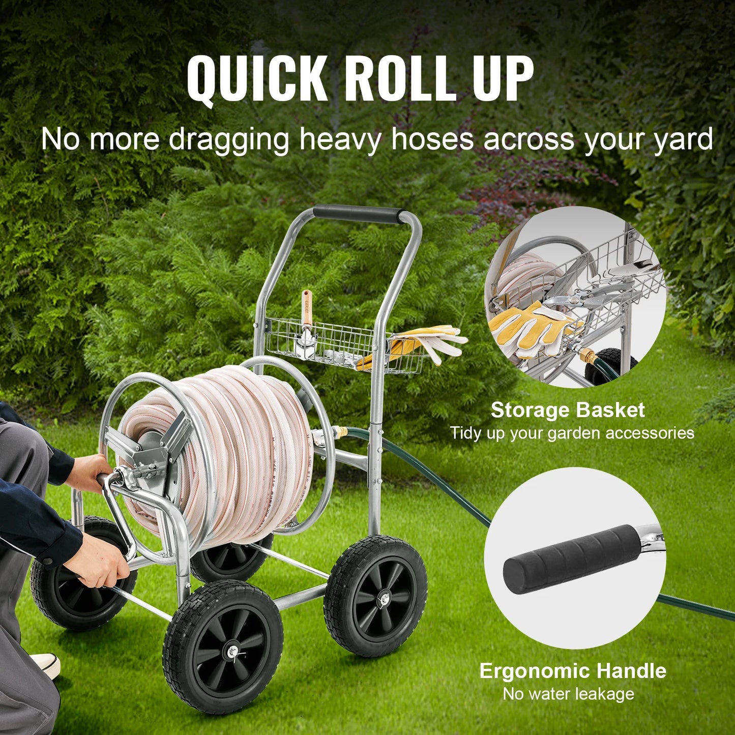 Heavy Duty Steel Garden Hose Reel Cart With Four Wheels