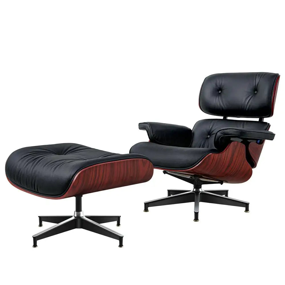 Genuine Leather Swivel Lounge Armchair With Ottoman