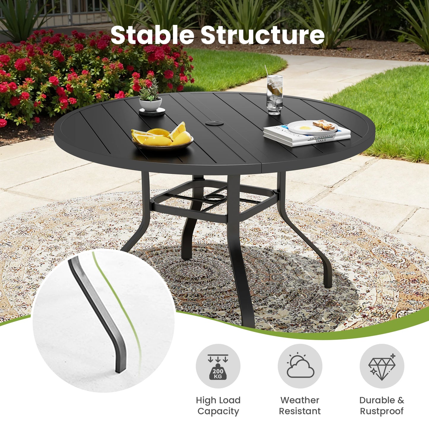 Farini Metal Round Outdoor Patio Dining Table With Umbrella Hole