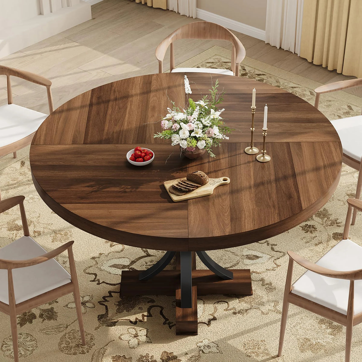 HiMISS Farmhouse Round Dining Table With Metal Pedestal Base