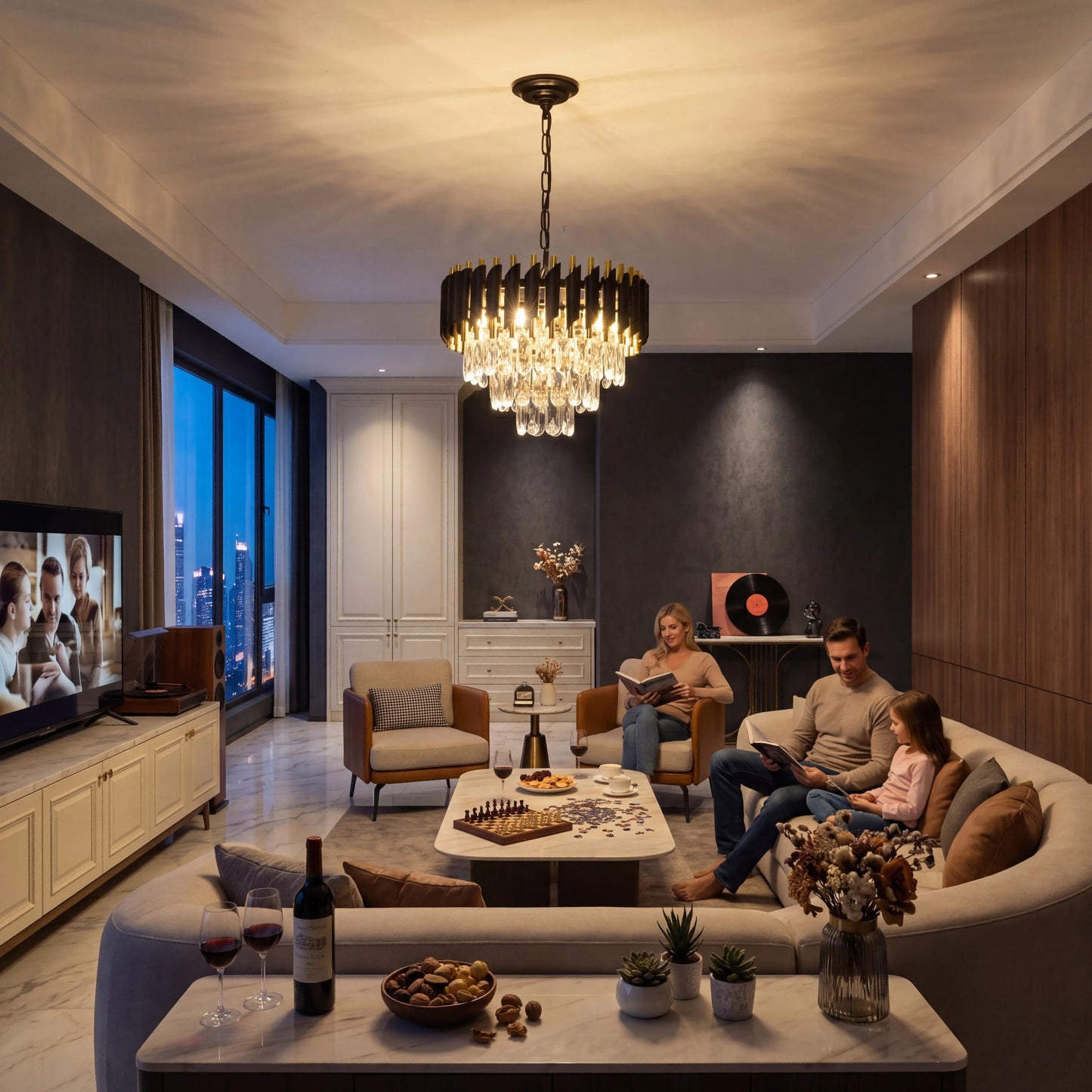 Modern Crystal Chandelier With Adjustable Chain E14 Ceiling Light