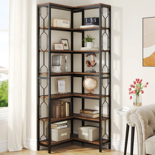 Tribesigns Industrial Wooden Corner Bookshelf With Metal Frame