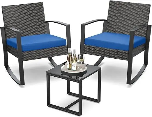 3 Piece Outdoor Rattan Rocking Bistro Set With Coffee Table