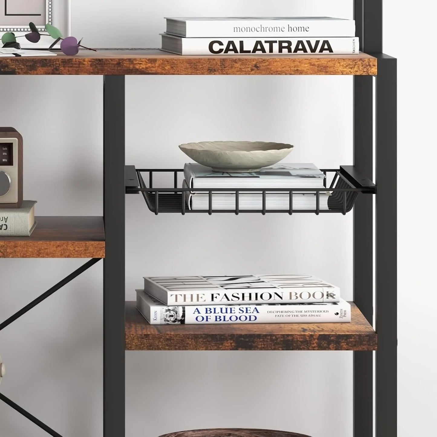 Freestanding Kitchen Baker Rack With Power Outlet And Storage Shelf