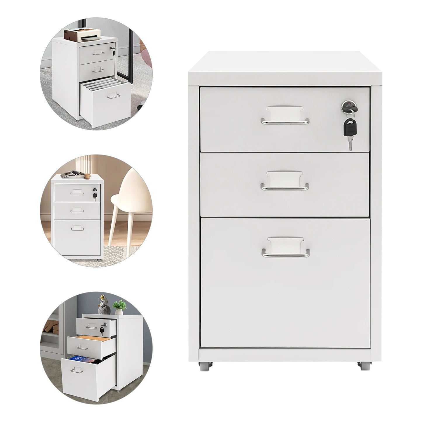 3-Tier Rectangular Metal Vertical Filing Cabinet With Mobile Lock