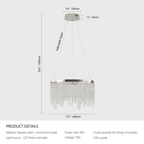 ZHIKEA Modern Luxury Crystal LED Chandelier with Adjustable Height