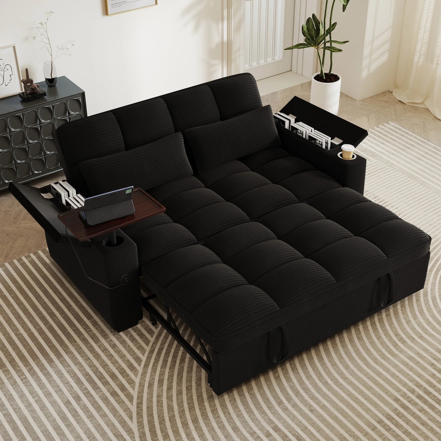 Contemporary Convertible Sofa Bed With Swivel Side Table And Usb