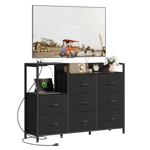 JHK Modern TV Stand With Fabric Drawers And Charging Station