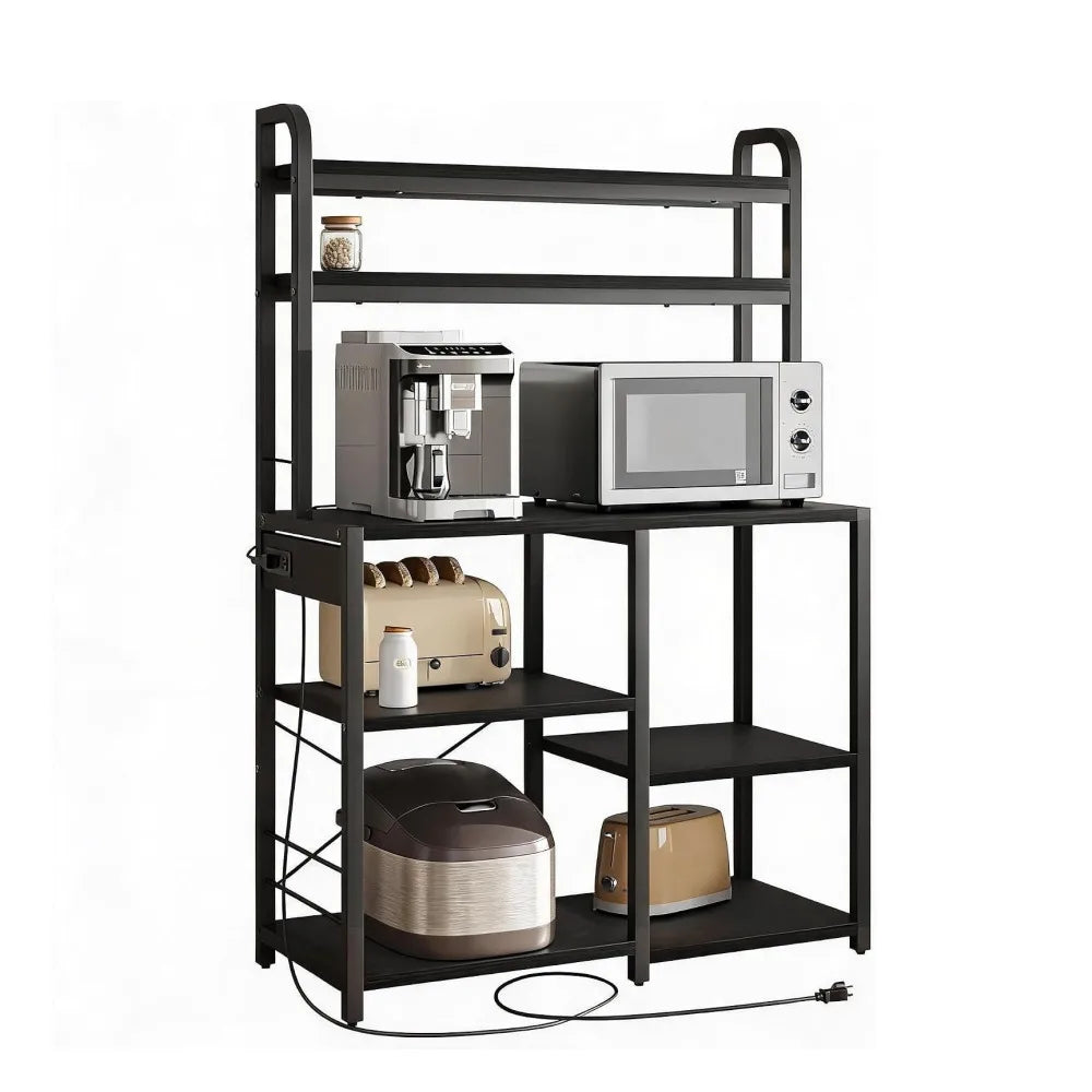 Freestanding Kitchen Baker Rack With Power Outlet And Storage Shelf