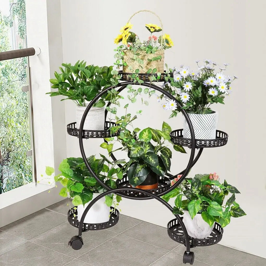 Multi Tier Rolling Metal Plant Stand With Six Pot Holders