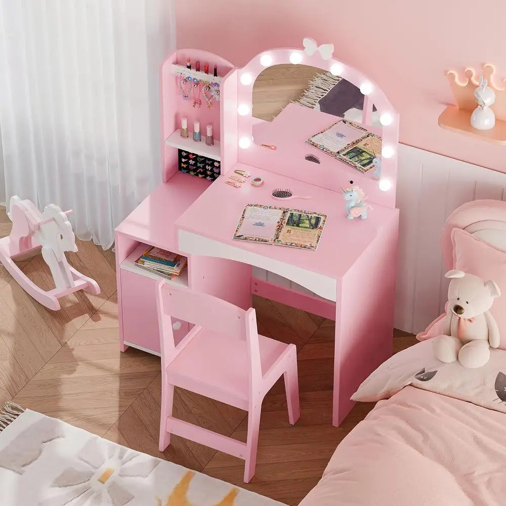 Wooden Kids Vanity Table With Chair And Storage Mirror
