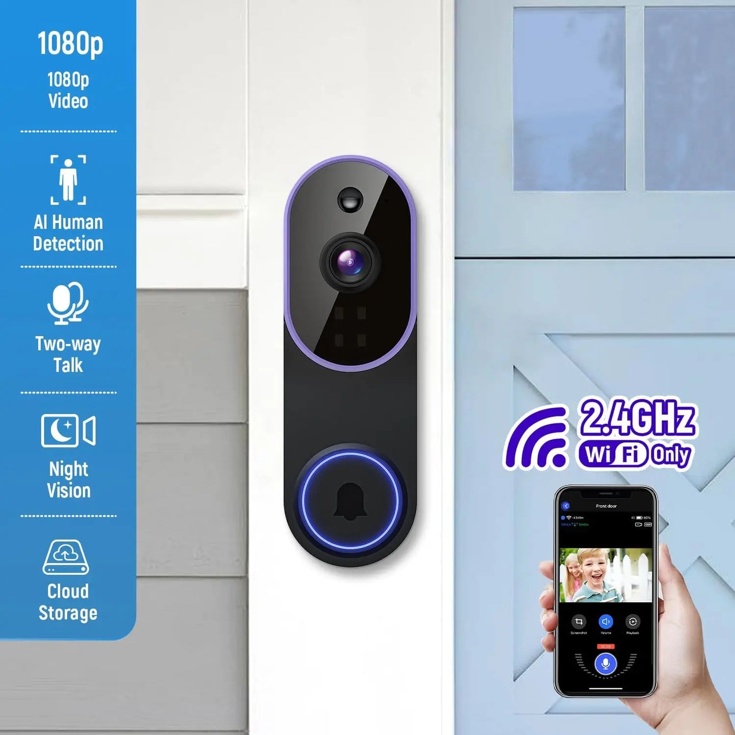 Smart Video Doorbell With AI Human Detection And Night Vision