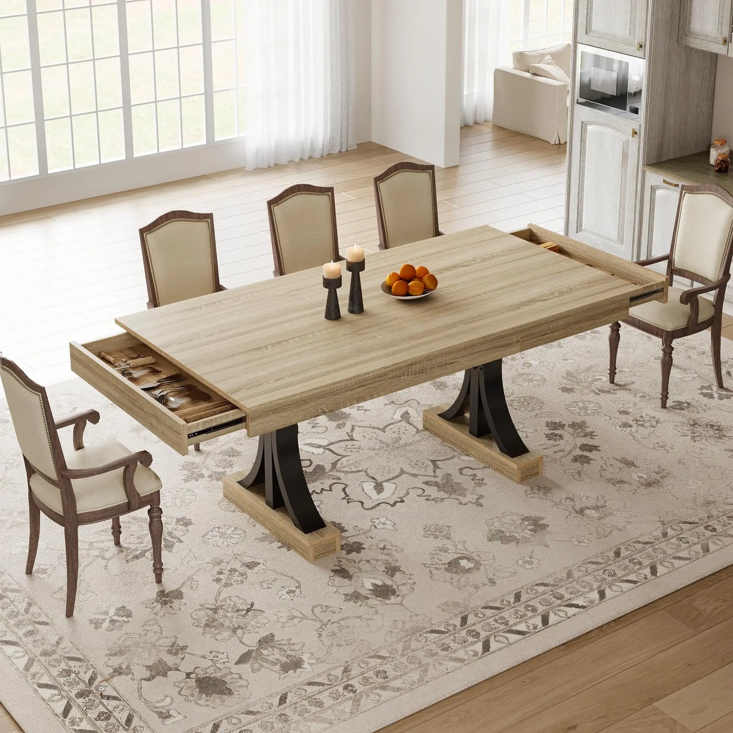 HiMISS Wooden Industrial Dining Table With Storage Drawers