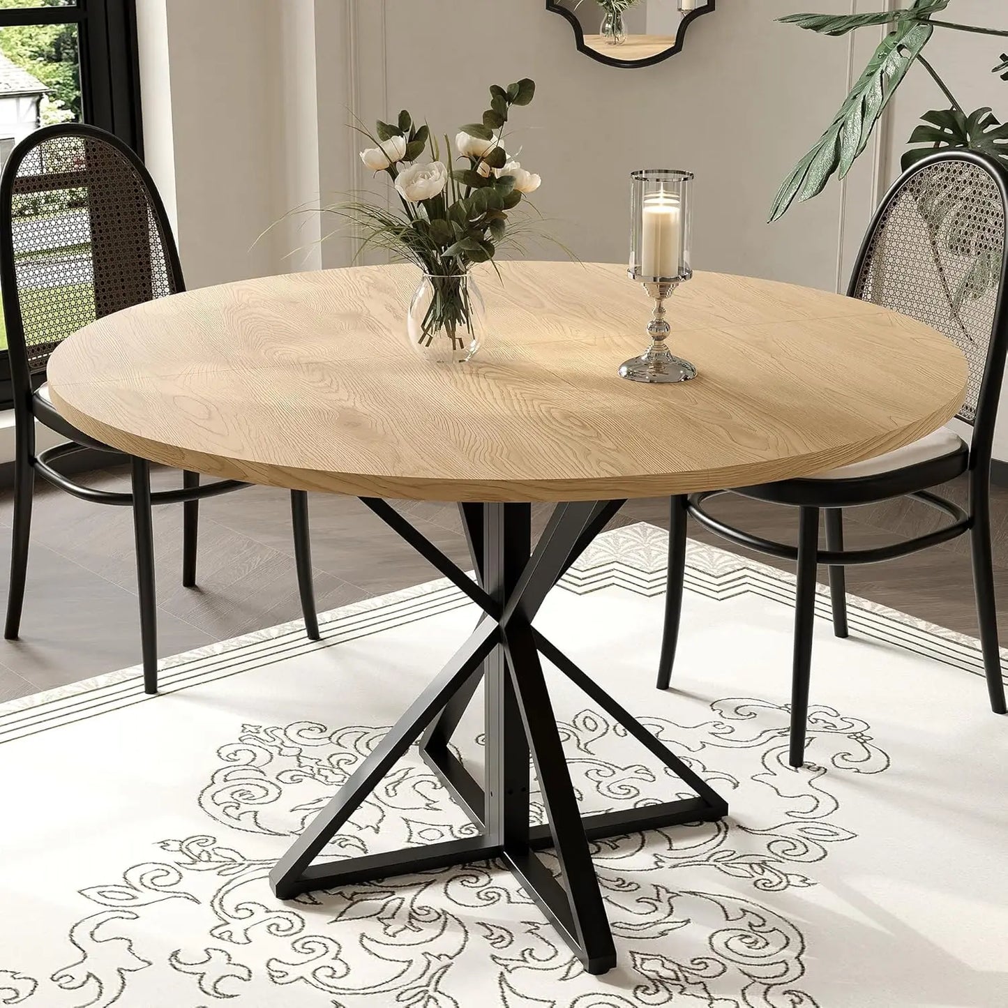 Twister.Ck Round Dining Table Featuring Wood Top And Metal Pedestal