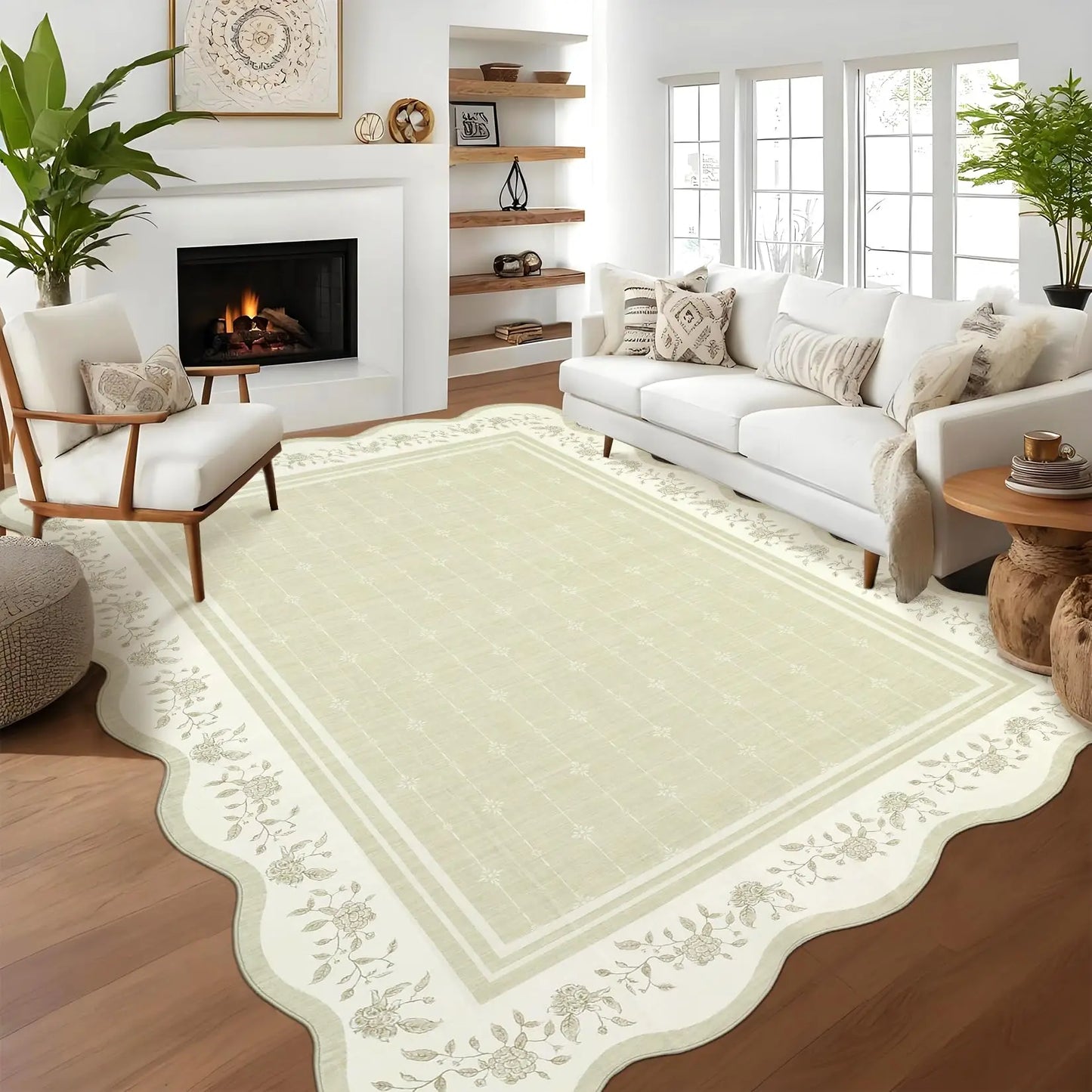 Foldable Low Pile Washable Area Rug Featuring Modern Scalloped Edge