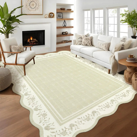 Foldable Low Pile Washable Area Rug Featuring Modern Scalloped Edge