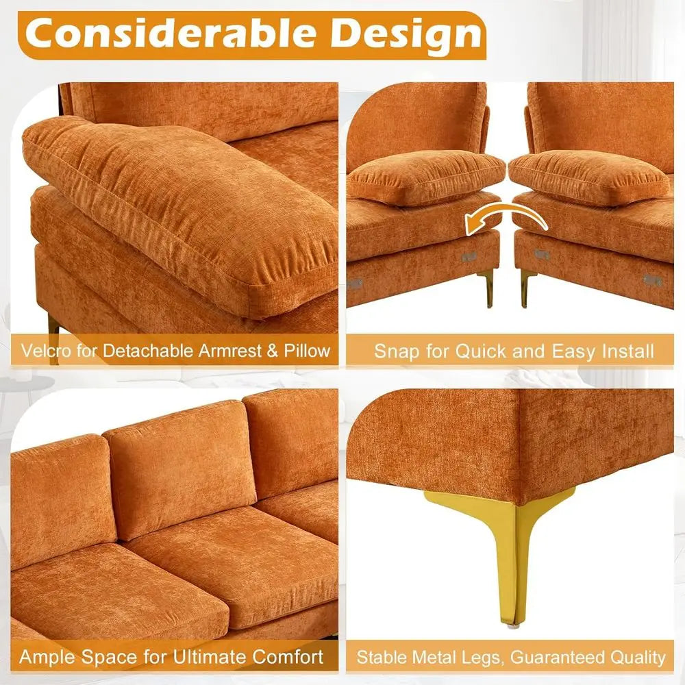 Four Seat Chenille Upholstered Sectional Sofa With Double Chaise
