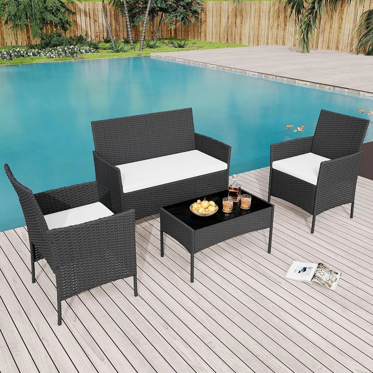 HiMISS 4 Piece Outdoor Rattan Patio Set With Glass Table