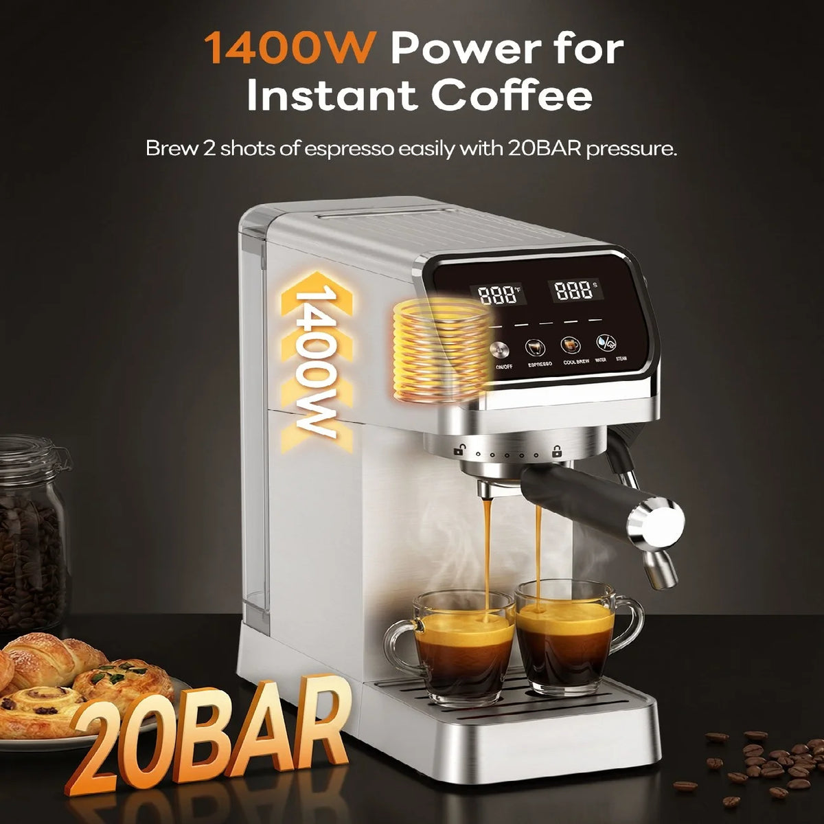 Stainless Steel 20 Bar Espresso Maker With Touchscreen Milk Frother
