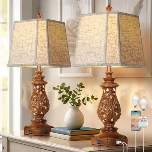Farmhouse Table Lamps With Usb Charging Ports And Linen Shades