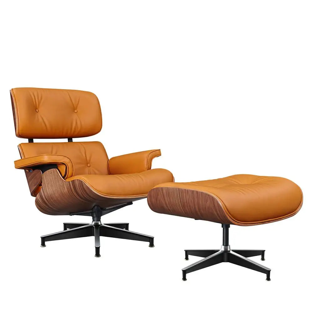 Genuine Leather Swivel Lounge Armchair With Ottoman