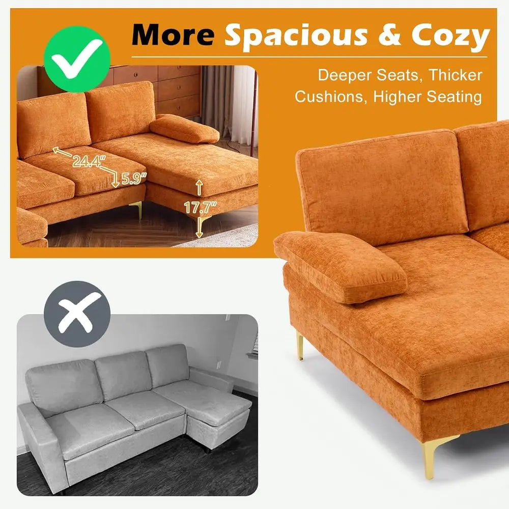 Four Seat Chenille Upholstered Sectional Sofa With Double Chaise
