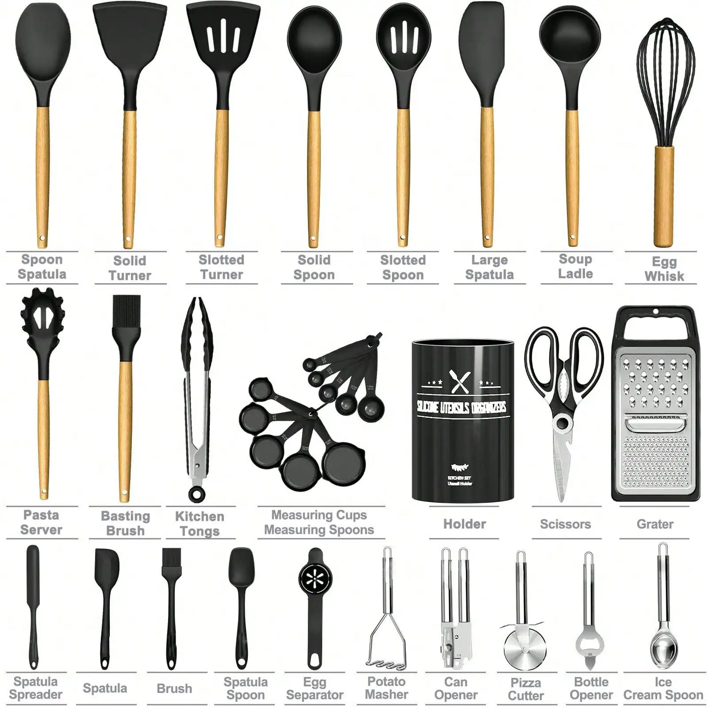 Heat Resistant Silicone Kitchen Utensils Set With Wooden Handles
