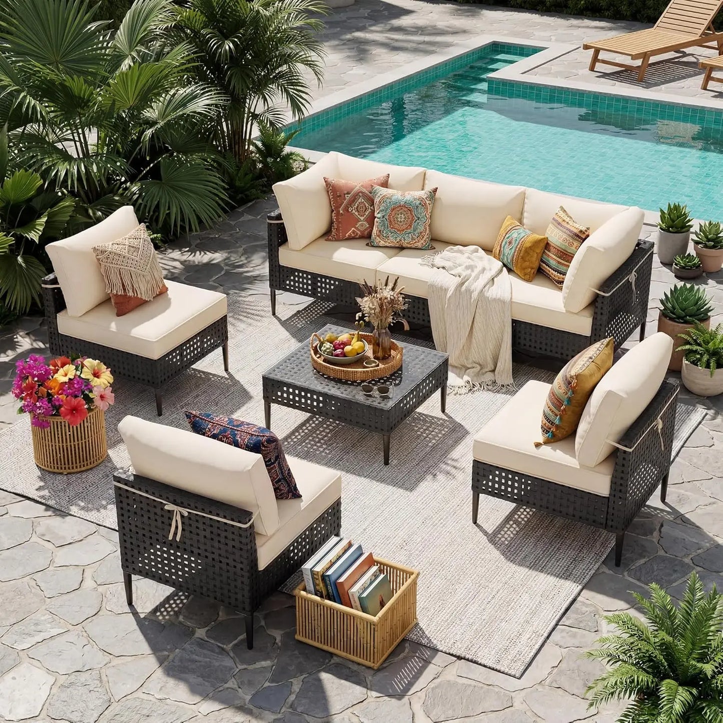 Modern Outdoor Patio Sectional Sofa With Glass Coffee Table