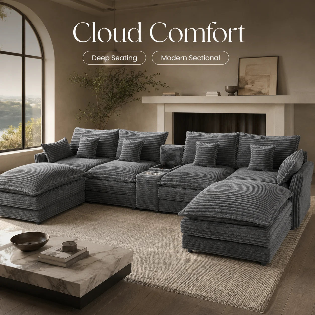 Seven Piece Modular Sofa With Console Coffee Table And Pillows