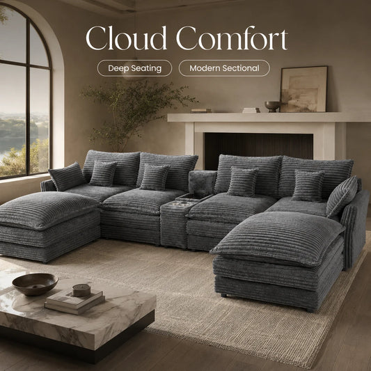 Seven Piece Modular Sofa With Console Coffee Table And Pillows