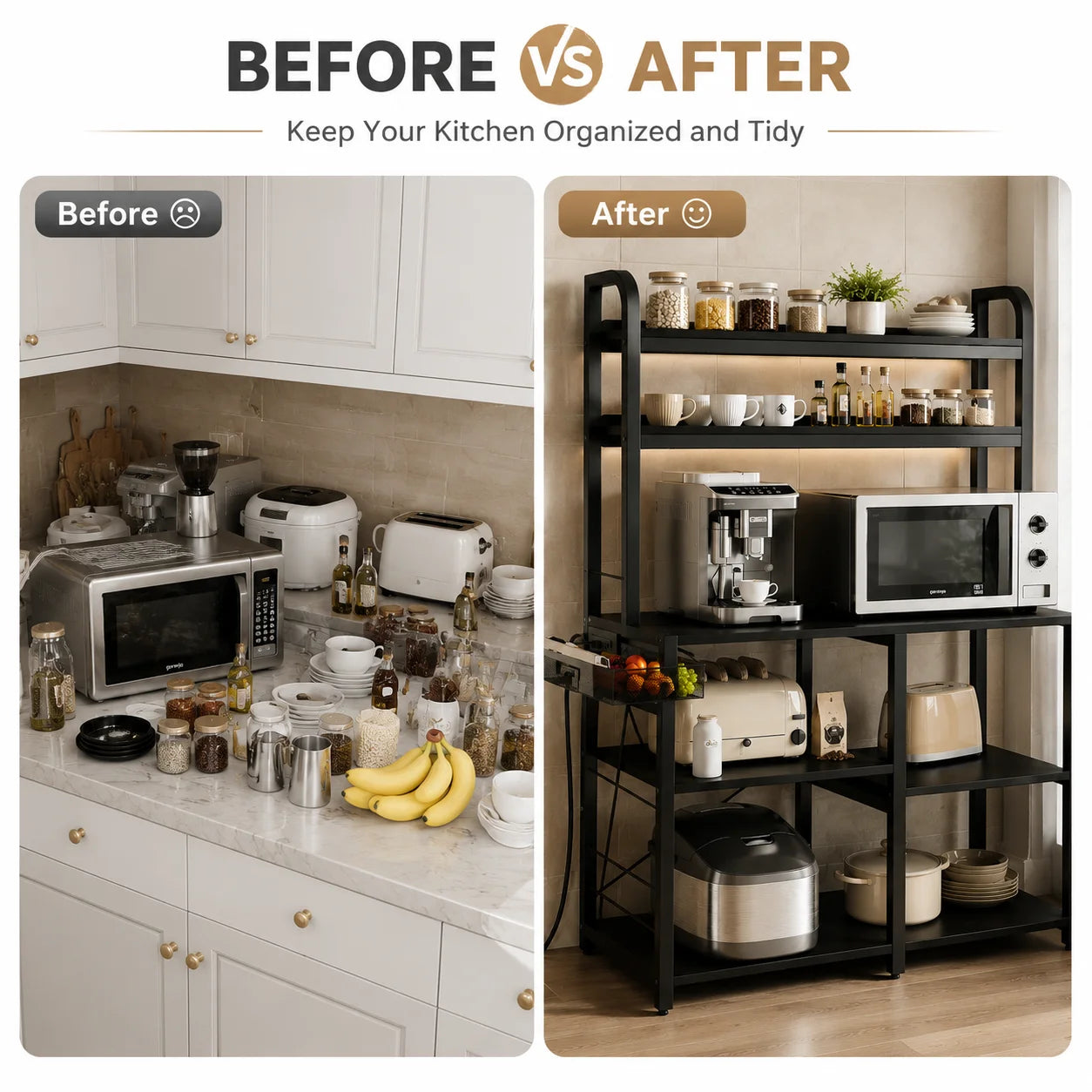 Freestanding Kitchen Baker Rack With Power Outlet And Storage Shelf