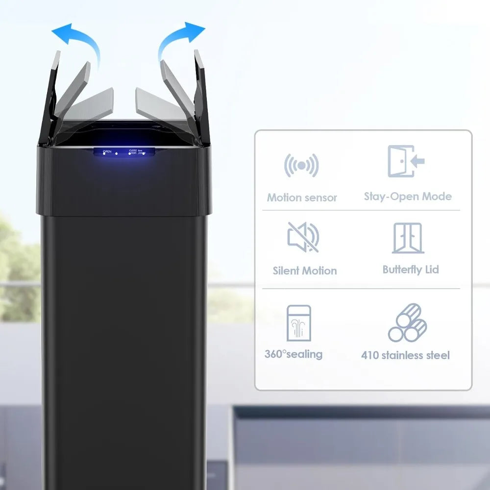 Stainless Steel Smart Trash Can With Motion Butterfly Lid Design