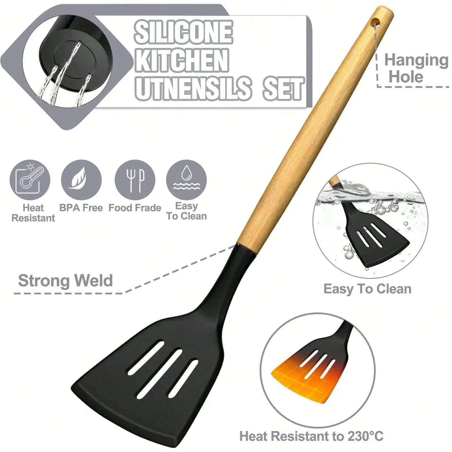 Heat Resistant Silicone Kitchen Utensils Set With Wooden Handles