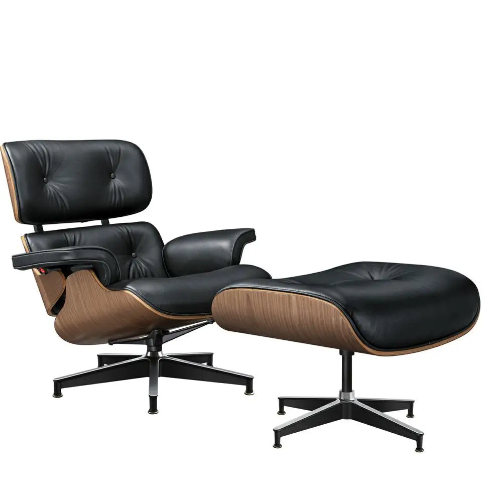 Genuine Leather Swivel Lounge Armchair With Ottoman