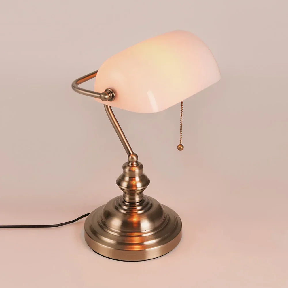 Classical Glass And Iron Bankers Desk Lamp With Zipper Switch