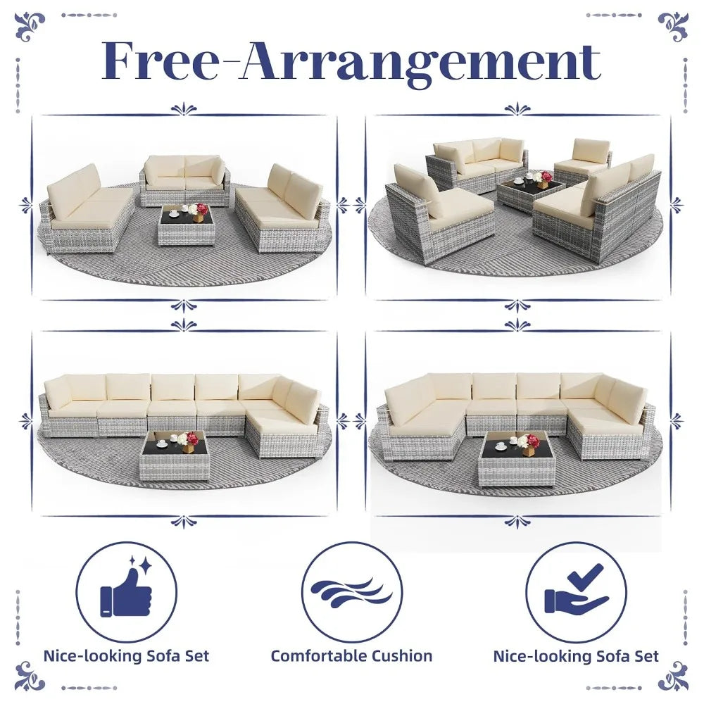 All Weather Rattan Modular Sectional Patio Conversation Set With Cushions