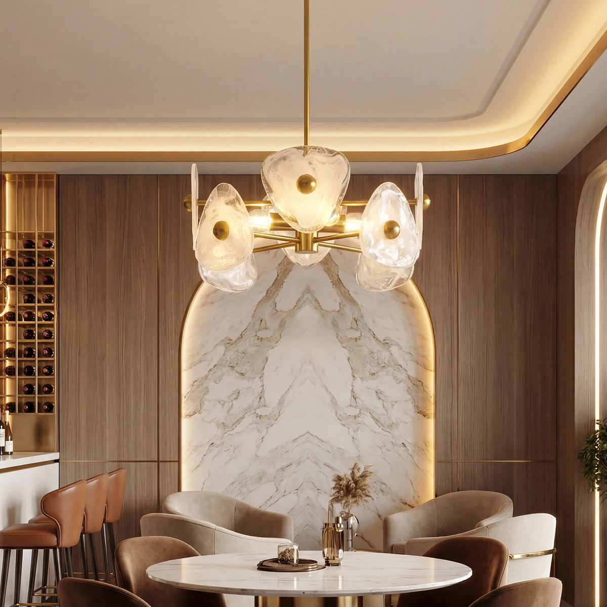 Modern Gold Glass Chandelier Four Light Adjustable Dining Pendant